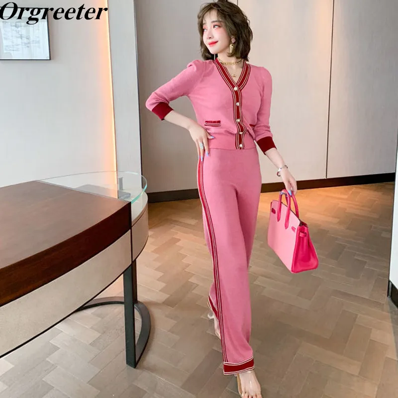Casual Tracksuit Outfits Pink Knitted Coat Cardigan And Wide Leg Pants JKP4852