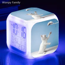 Будильник с кошкой и мышью, 7 цветов, светящийся светодиодный, большой экран, цифровые часы для детской комнаты, многофункциональные светящиеся часы с сенсорным зондированием