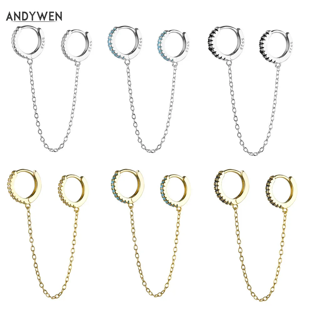 ANDYWEN серебро 925 пробы двойные круглые обручи цепочка клипсы на сережки безопасные