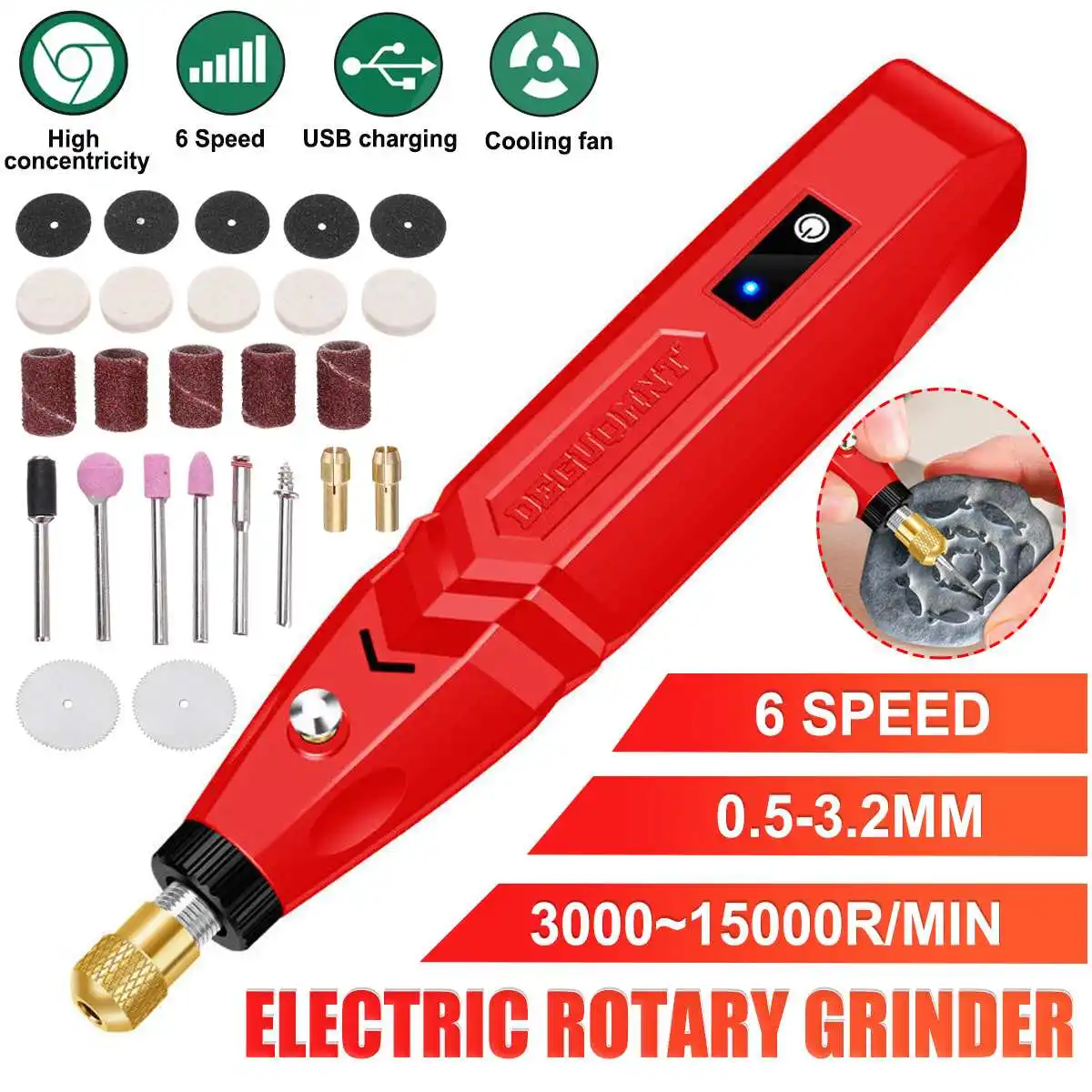 

6 Speed USB Mini Electric Grinding Variable Speed Rotary Tool Kit Drill Bit Engraving Pen for Milling and Polishing Tools