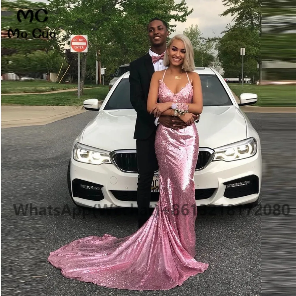 2019 Hot Sale Sequin Prom Dress Pink Mermaid Open Back Formal Evening Gown Spaghetti Straps (1)