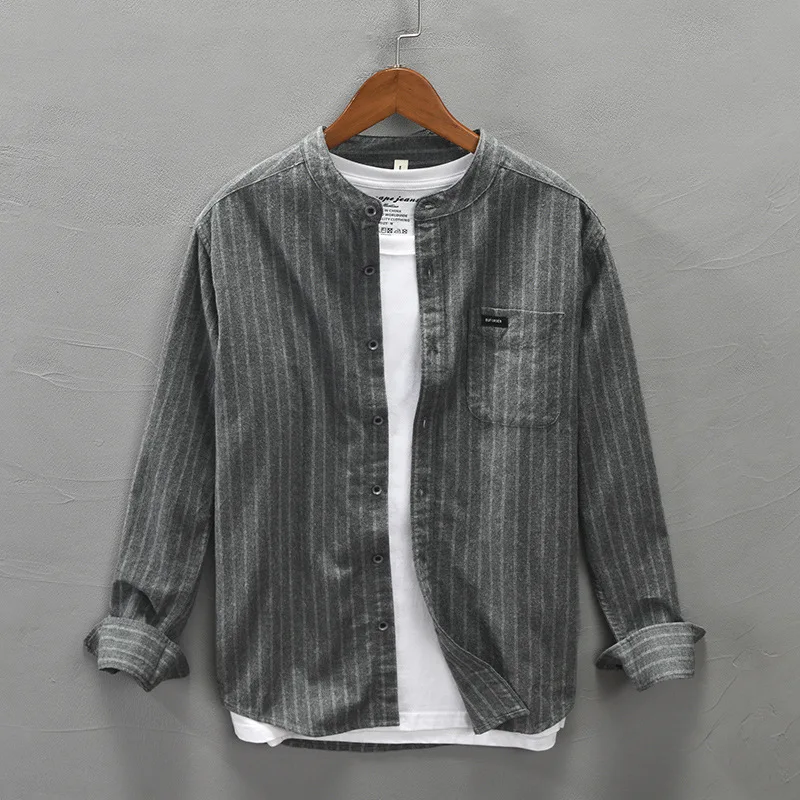 

Men's Casual 100% Cotton Striped Shirt Single Patch Pocket Long Sleeve Standard-fit Comfortable Thick Stand Collar Shirts Y3406