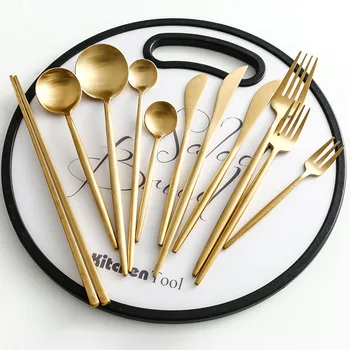 

Gold Cutlery Set 304 Stainless Steel Cutlery Set Chopsticks Butter Knife Dessert Spoon Dinner Fork Tea Ice Spoon Tableware Set