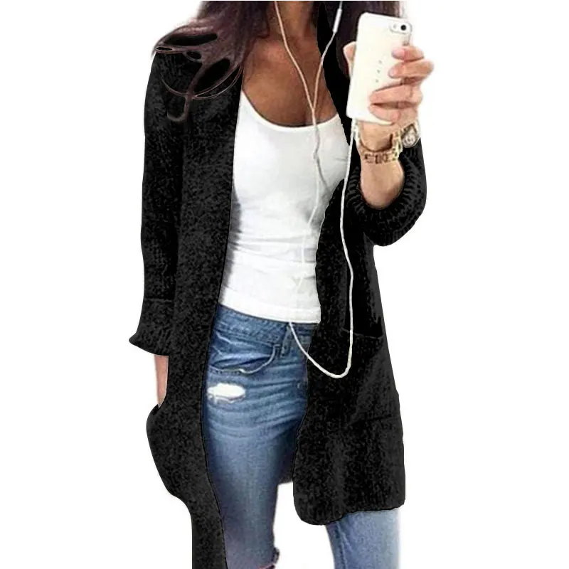 Женский свитер кардиган пальто женский длинный участок длинный рукав большой карман свитер большого размера - Цвет: black