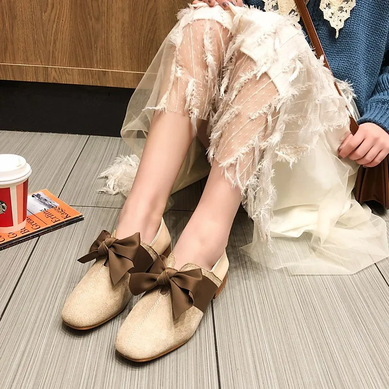 

2019 Spring New Style Square Head Low-Cut WOMEN'S Shoes Bow Retro Grandma Shoes Low Heel Suede WOMEN'S Shoes