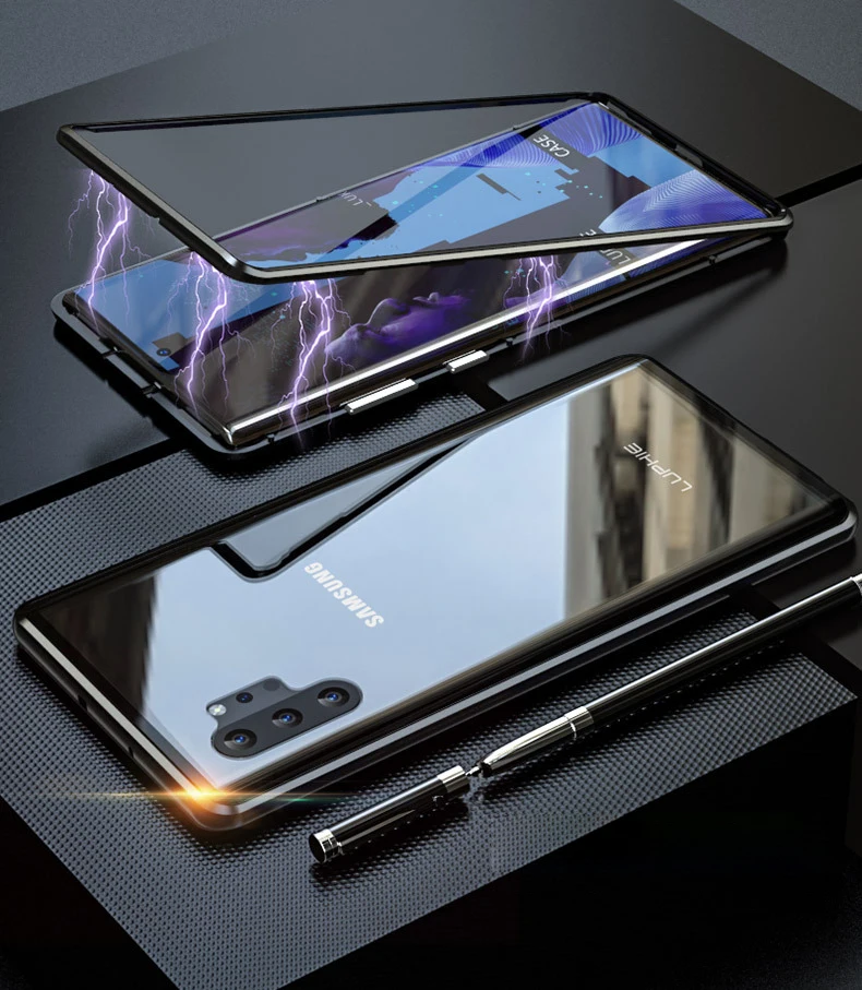 Black Роскошный Алюминиевый металлический бампер Магнитный чехол для samsung Galaxy Note 10 Plus S10 Plus s10e Note10 Магнитный чехол стеклянная крышка Coque - Цвет: Black