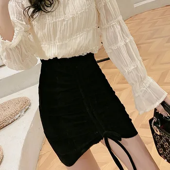 

Summer Fashion Hip Skirts Pleated Hip Skirt With Thin Drawstring Sexy Mini Skirt High Waist Faldas Mujer