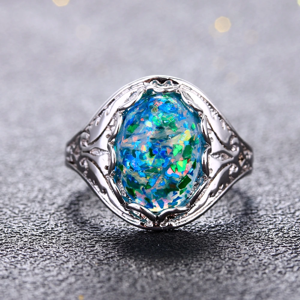 Opal Rings 925 Silver Jewelry Ring Fancy Party Anniversary Gift Women 10x14MM Bezel Setting Stones Size 6-10 silver ring silver rings
