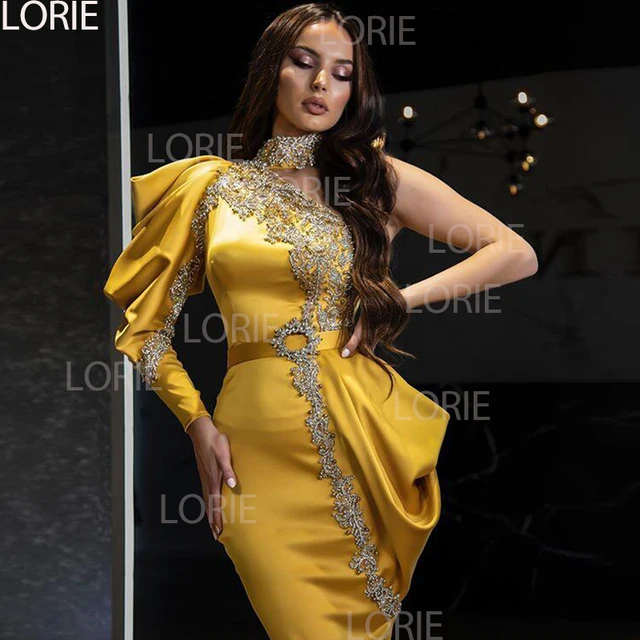 LORIE Arabic Evening Dresses 2021 One Shoulder Long Sleeve Satin Beaded Mermaid Prom Gowns Luxury Gold Celebrity Party Dresses 4