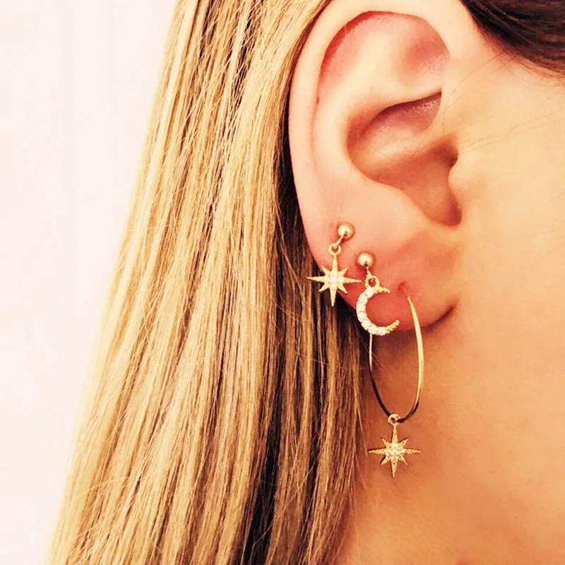 New 4pcs Women's Gold Plated Moon Star Rhinestone Ear Stud Dangle Earrings Set