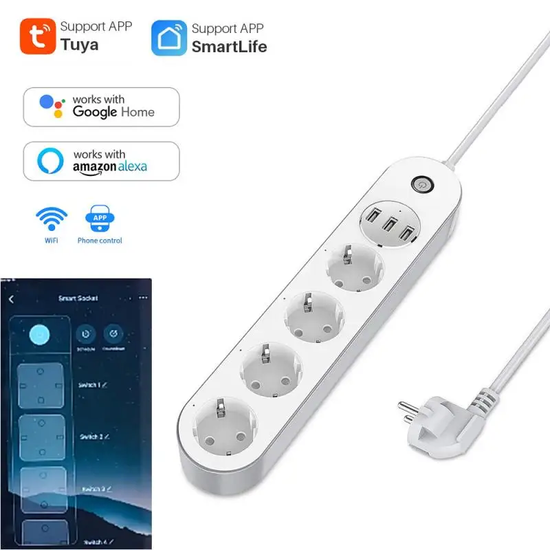 Tuya WiFi Power Strip With 1.5m Cable 4 EU Plug 3 USB Charging Ports Smart Life App Timing Control Work Alexa Google Home | Обустройство