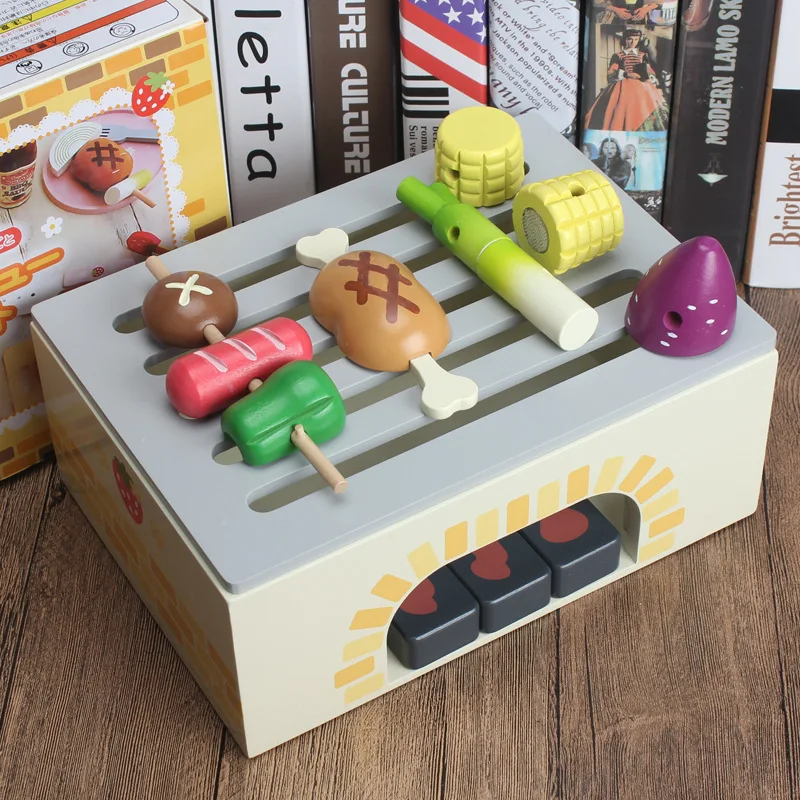 Деревянный Детский Набор для барбекю, детский игровой домик, модель для кухни, игрушки для барбекю, фрукты, подарок на день рождения