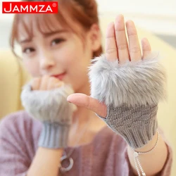 Plush Cashmere Women's Gloves for Winter Half Fingers Knitting Touch Screen Keep Warm Striped Fashion Ladies Faux Fur Cold-proof