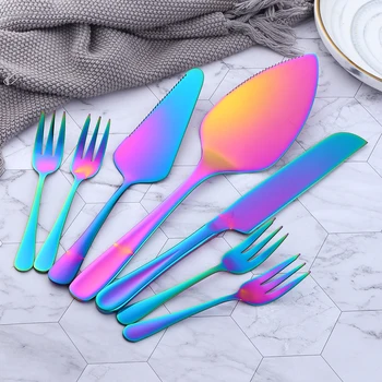 

7Pcs Cake Tools Cake Shovel Serving Knife with 4Pcs Cake Forks Rainbow Kitchen Utensils Tableware Birthday Party Accessories