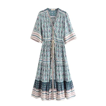 

Bohemian Floral Print Woman Clothes Dress Sexy V-Neck Boho Tassel Hollow Out midi Dress Elegant Holiday Beach Wrap Sexy Dress