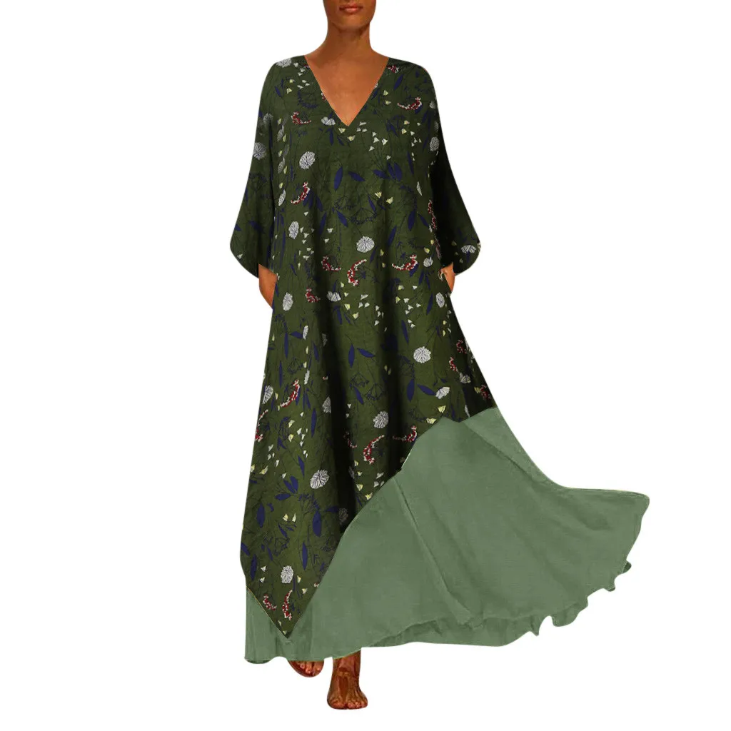 Women Vintage Plus Size Maxi Dress V Neck Casual Loose Floral Printed Long Sleeve Maxi Beach Dresses Woman Party Night #B