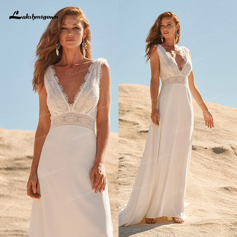 HEARBOBO Summer Deep V-Neck White Lace Applique Engagement Elegant A-Line Church  | ChicGrl