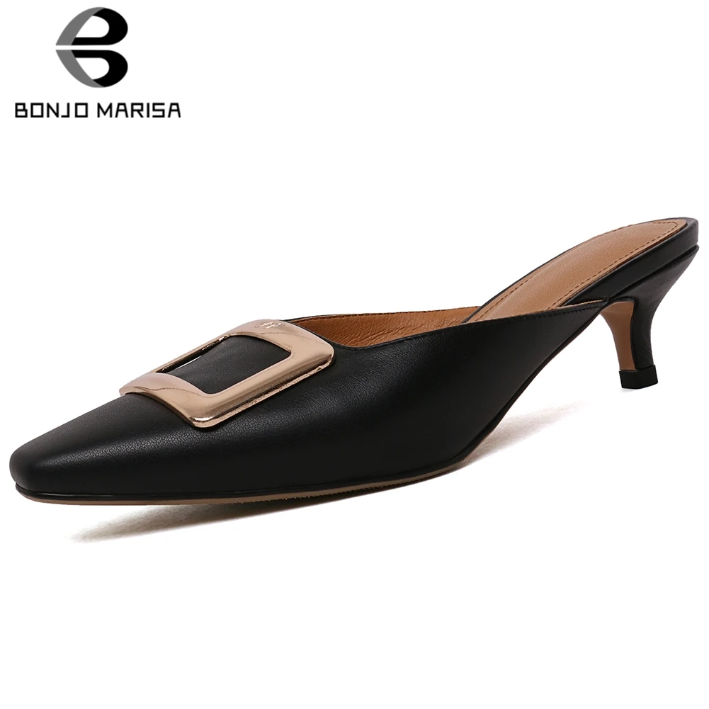 

BONJOMARISA 2020 New Ladies Sexy Summer Pumps Overall Genuine Leather Mules Women Fashion Med Heels Buckle Shoes Woman