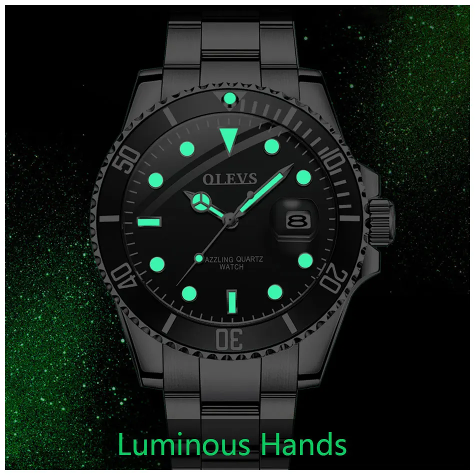 OLEVS Mens Watches Top Brand Luxury Fashion Waterproof Luminous Hand Green Dial Quartz Sports Wristwatch Gifts for Men