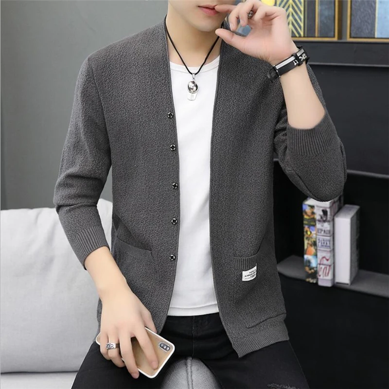 Мужской тонкий свитер куртка мужской плотый Вязаный Кардиган Slim Fit уличная одежда Повседневный мягкий и удобный вязаный свитер M-3XL - Цвет: Серый