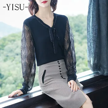 

YISU Spring Autumn Sweater Women Bow Tie Knitted lace Sweater Hollow Long Sleeve Breathable Loose Top pullover Sweater Women