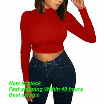 

Womens Basic Long Sleeve Mock Neck Slim Fit Crop Top Stretchy Solid Casual Camis T-Shirt Fitted Blouse Tee Top