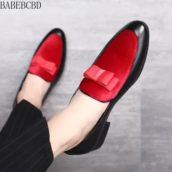 

BABEBCBD Men Formal Shoes Bowknot Wedding Dress Male Flats Gentlemen Casual Slip on Shoes Black Patent Leather Red Suede Loafers