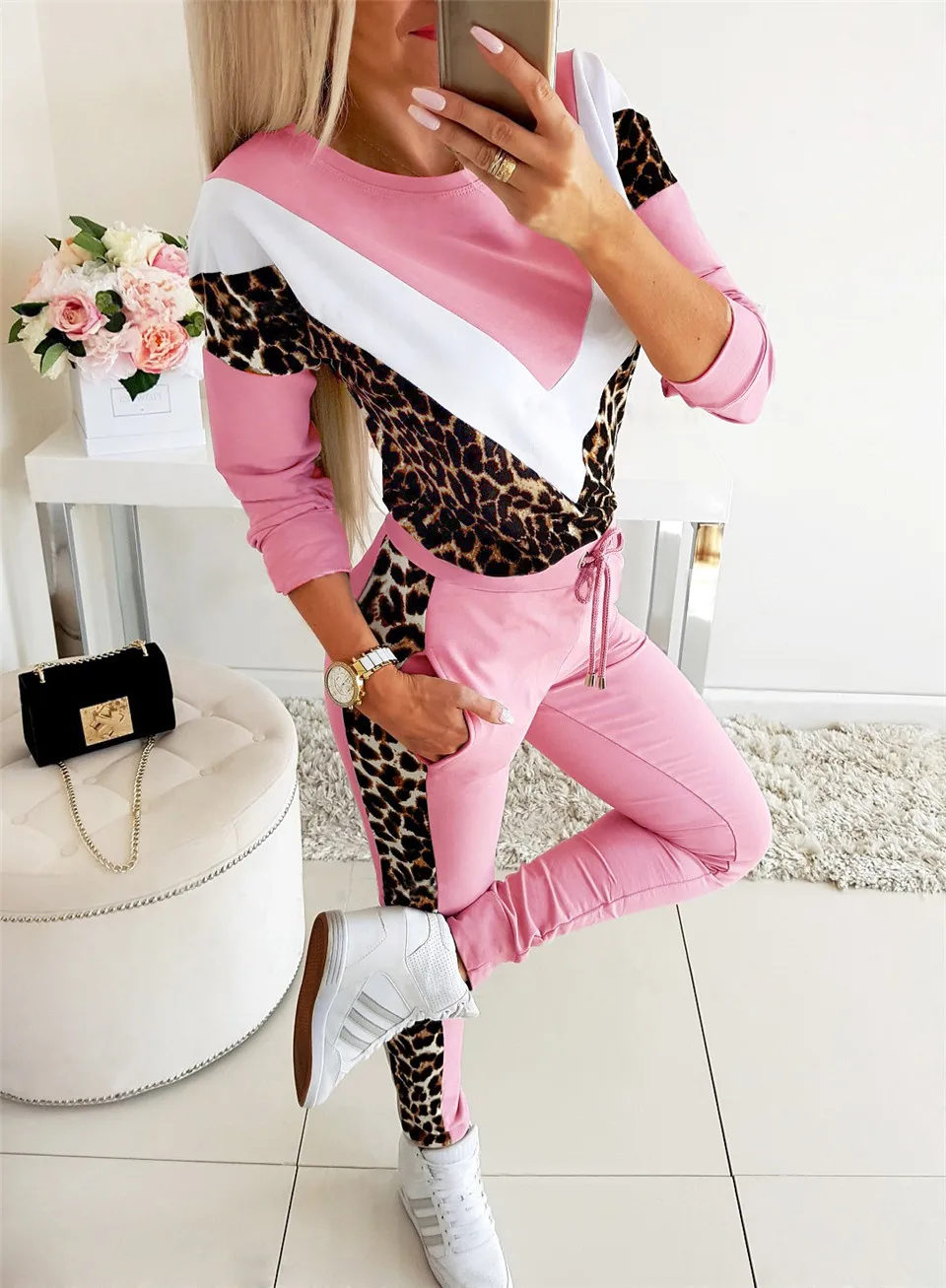 Зимний спортивный костюм для женщин, Модный повседневный комплект из 2 предметов, леопардовая полосатая панель с круглым вырезом, топы с длинными рукавами+ узкие брюки-карандаш на шнуровке