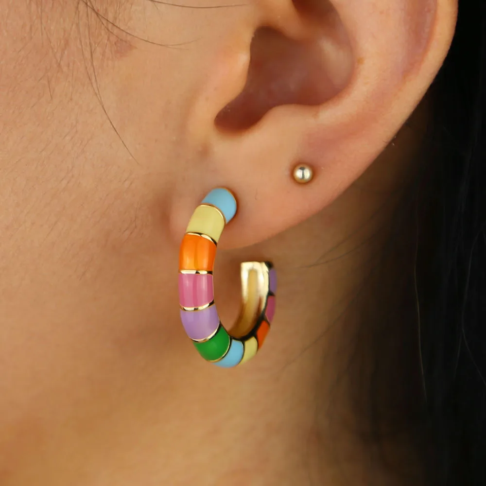 

Mini hoop rainbow pastel enamel colorful earring with Gold filled women huggie hoop earring fashion candy earrings jewelry