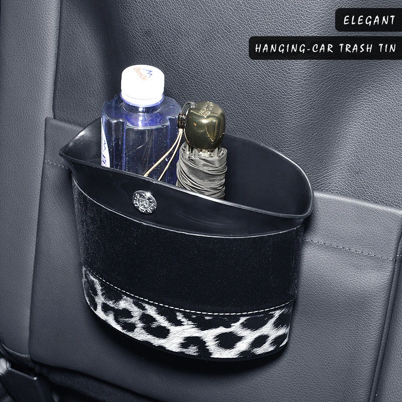 E-FOUR Fashion Car Trash Tin ABS Leather Leopard Print Elegant Car Accessories Rubbish Can Waterproof Umbrella Holder Trash Tins