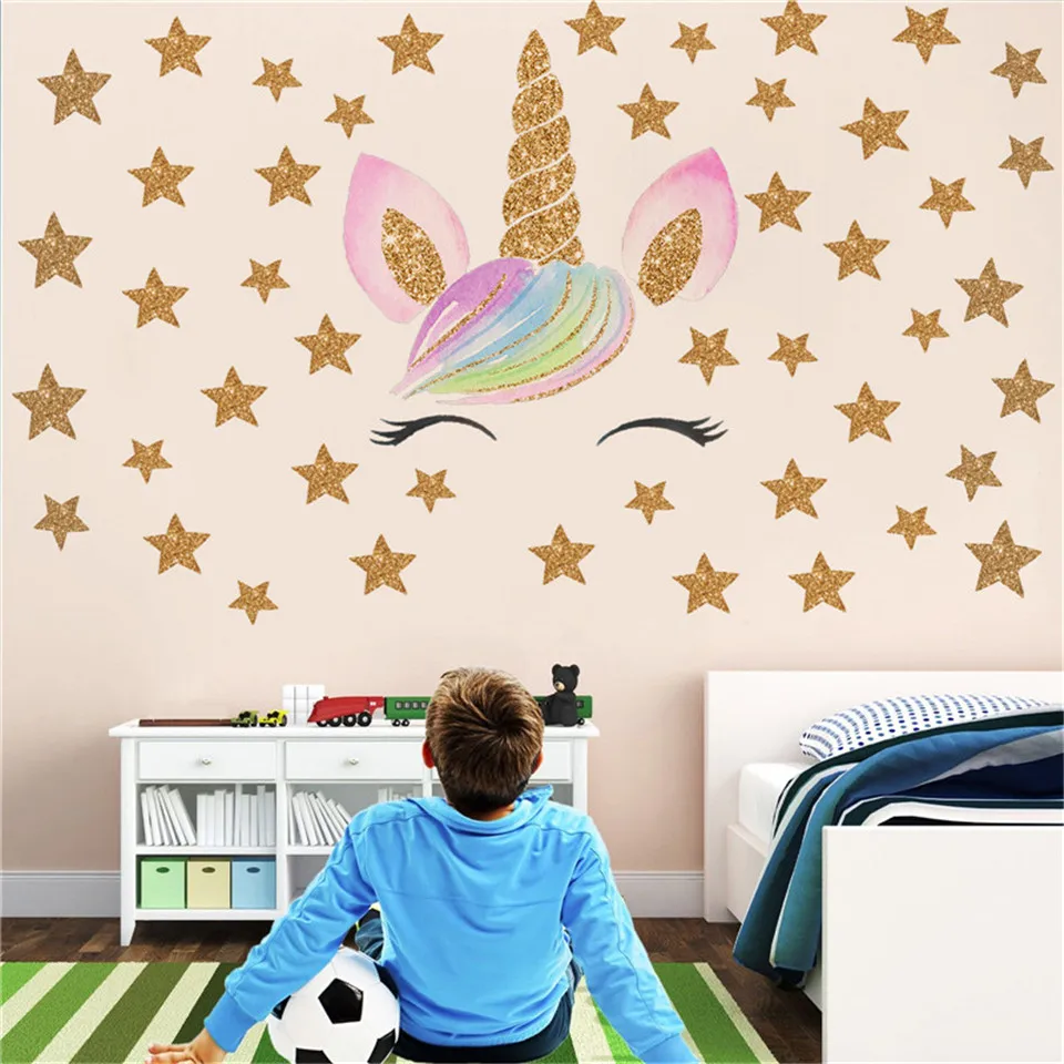 Золотой единорог украшение на стену в спальне наклейка для детской комнаты наклейка s Baby ПВХ водонепроницаемые обои домашний дизайн настенные наклейки плакаты