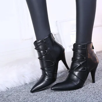 

YMECHIC 2018 Autumn Gladiator Thin High Heels Cross Tied Women Winter Shoes Pointed Toe Ankle Ridding Boots Plus Size Stiletto