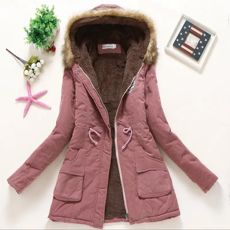 Dark Pink Женское зимнее теплое женское осеннее пальто с капюшоном из хлопка с мехом Плюс Размер Базовая куртка верхняя одежда тонкая Длинная женская Chaqueta - Цвет: Dark Pink