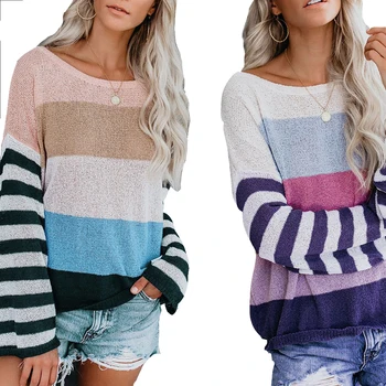 

Wipalo Autumn Winter Fashion Women Sweaters Round Collar Long Puff Sleeve Colorful Stripe Stitching Sweaters Loose Pullover Tops