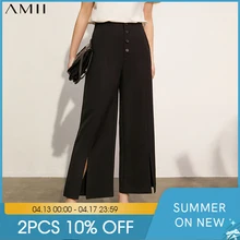 Amii-Pantalones informales de cintura alta para mujer, pantalón informal, holgado, oficial, con botones, bragueta del pantalón, primavera 12140044