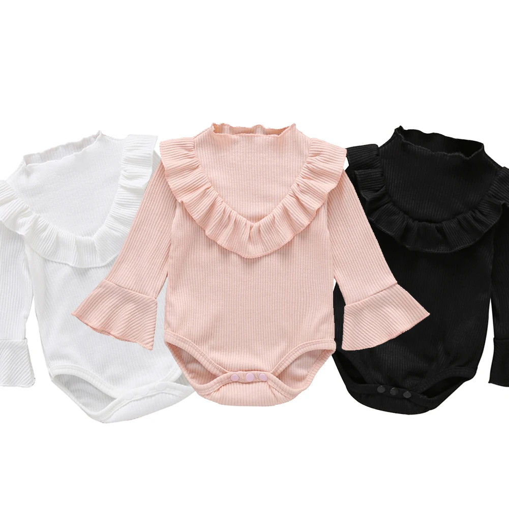 

2020 Baby New Spring Autumn Clothing Newborn Girls Ribbed Jumpsuit Lace Rompers Flare Long Sleeve Clothes Solid Outfits 0-18M
