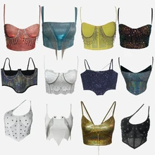 

2022 Sexy Short Navel Crop Top Crystal Diamond Lace Corset Breast Support Fish Bone Skinny Shapewear Bra Crop Top Bustier Colorf
