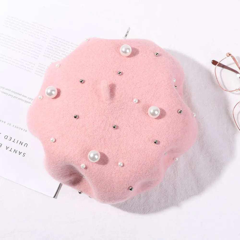 light pink 1 шт. Новая мода осень зима карамельный цвет регулируемый берет шляпа художника шапка жемчужное Бисероплетение утолщенная теплая французская плоская шляпа - Цвет: light pink