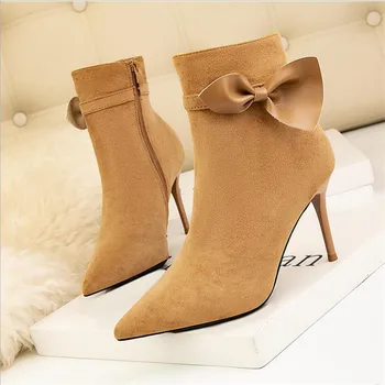 

2020 Women Fetish 9cm High Heels Ankle Boots Plus Size 41 Brown Black Thin Heels Knots Boots Stiletto Suede Scarpins Party Shoes