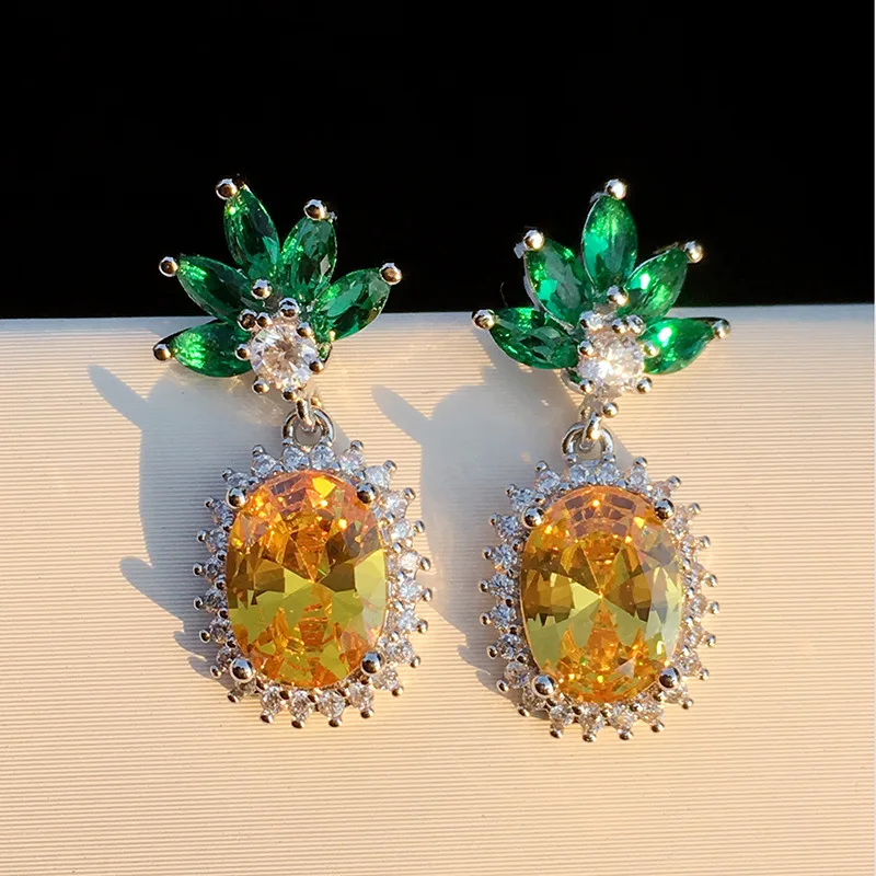

Fashion Pineapple Shape Colorful Rhinestone Pendant Earrings Female High Quality 925 Silver Crystal Jewelry Accessories
