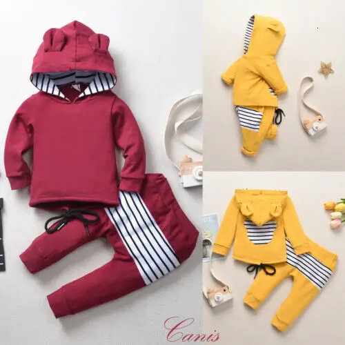 Однотонная зимняя плотная одежда с капюшоном для малышей, комплект одежды для маленьких мальчиков и девочек, топы с капюшоном и рисунком кота, штаны Зимняя одежда для детей от 0 до 5 лет