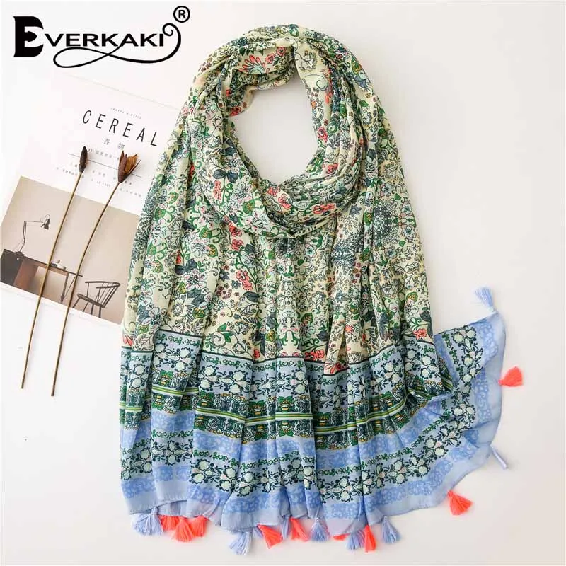 Everkaki Boho с кисточками Цветочный Принт шарф, женская Шаль Зима Цыганская женская накидка зимние шарфы женские богемные женские зима