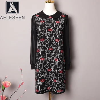 

AELESEEN Vintage Office Dress Women's Long Sleeve Spring Autumn Lips Embroidery Black Mesh Patchwork Casual Party Mini Dress