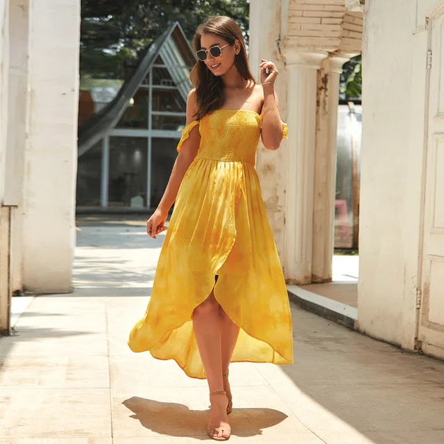 Yellow Женское платье, сексуальное, повседневное, модное, Пляжное, с открытыми плечами, коктейльное, стильное - Цвет: Yellow