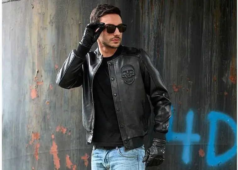 

Free shipping.Sales classic quality Sheepskin jackets,men's genuine sheep leather,motorcycle classic biker.Brand cool skull