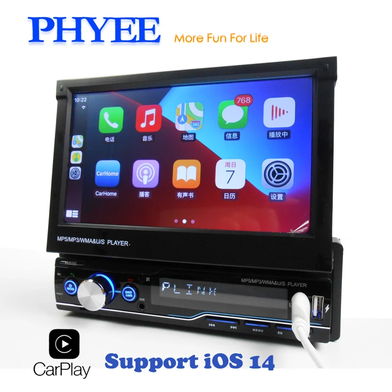 US $127.99 1 Din Carplay Radio Car Audio Bluetooth Handsfree Stereo Receiver Mirror Link MP5 USB TF 7 Touch Screen Head Unit PHYEE T100C