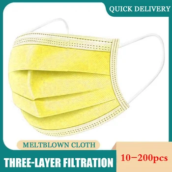 

10-200pcs Good Quality Non Woven Disposable Face Mask 3 Layer Filte Anti-dust Ear Loop Yellow Mouth Mask Quick Delivery