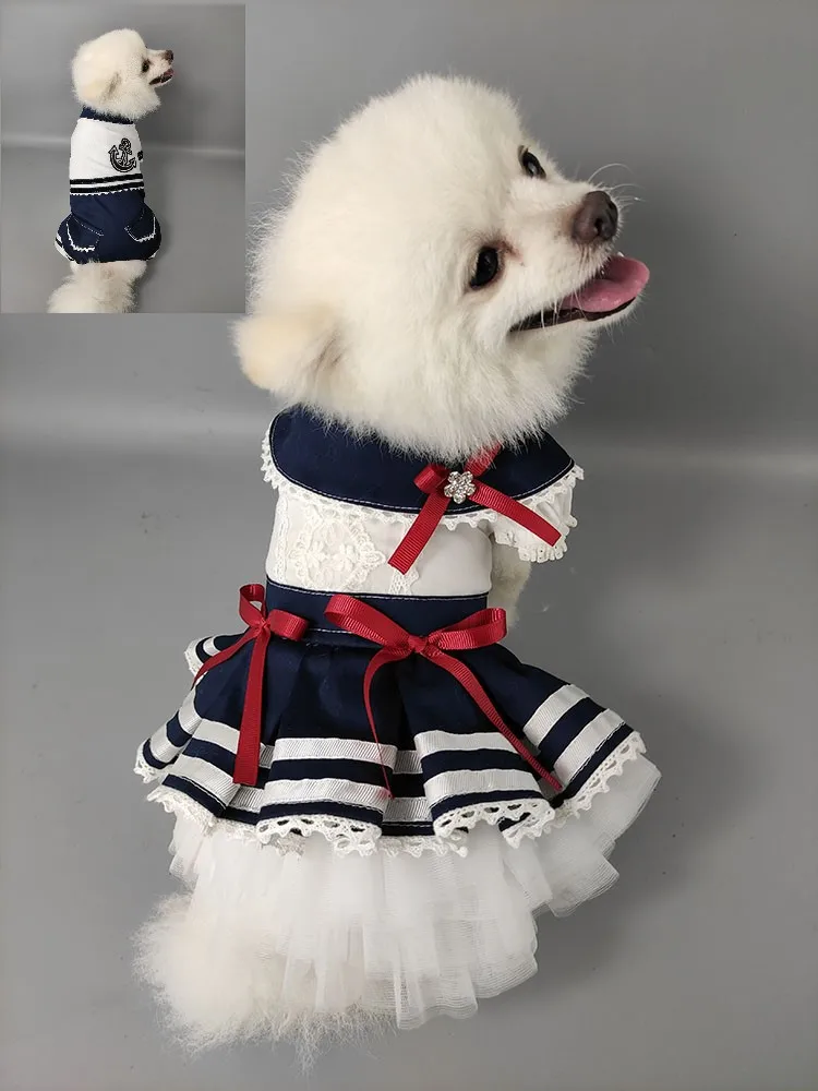 

Unique Handmade Dog Clothes Pet Supplies Student Couples Dress Girls School Uniforms Pleated Skirt Boys Navy Sailor Jumpsuit Cat