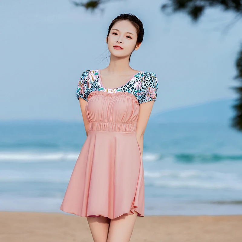

Swiming Suit Women 2021 Flower Leopard Print Blue Pink Patchwork Dress for Girls One-piece Women's Swimsuit Vestido Playa Mujer