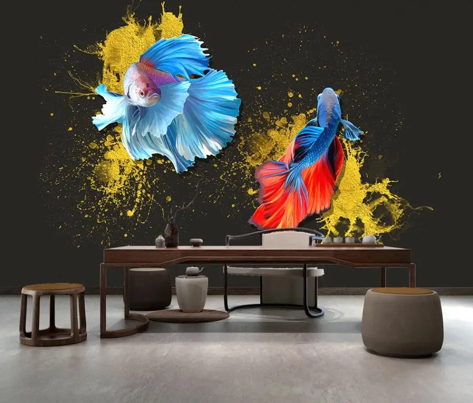 Пользовательские 3D Настенные обои ручная роспись чернила Золотая рыбка ТВ диван